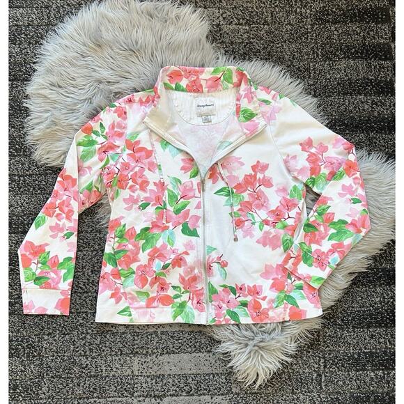 Tommy Bahama Womens Full Zip Jacket Large White Pink Pockets Casual Floral Knit - Picture 1 of 4